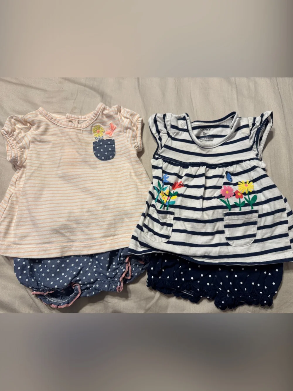 Carters Girls' Navy & Pink Striped Dress Set with Floral Pockets- 3 months